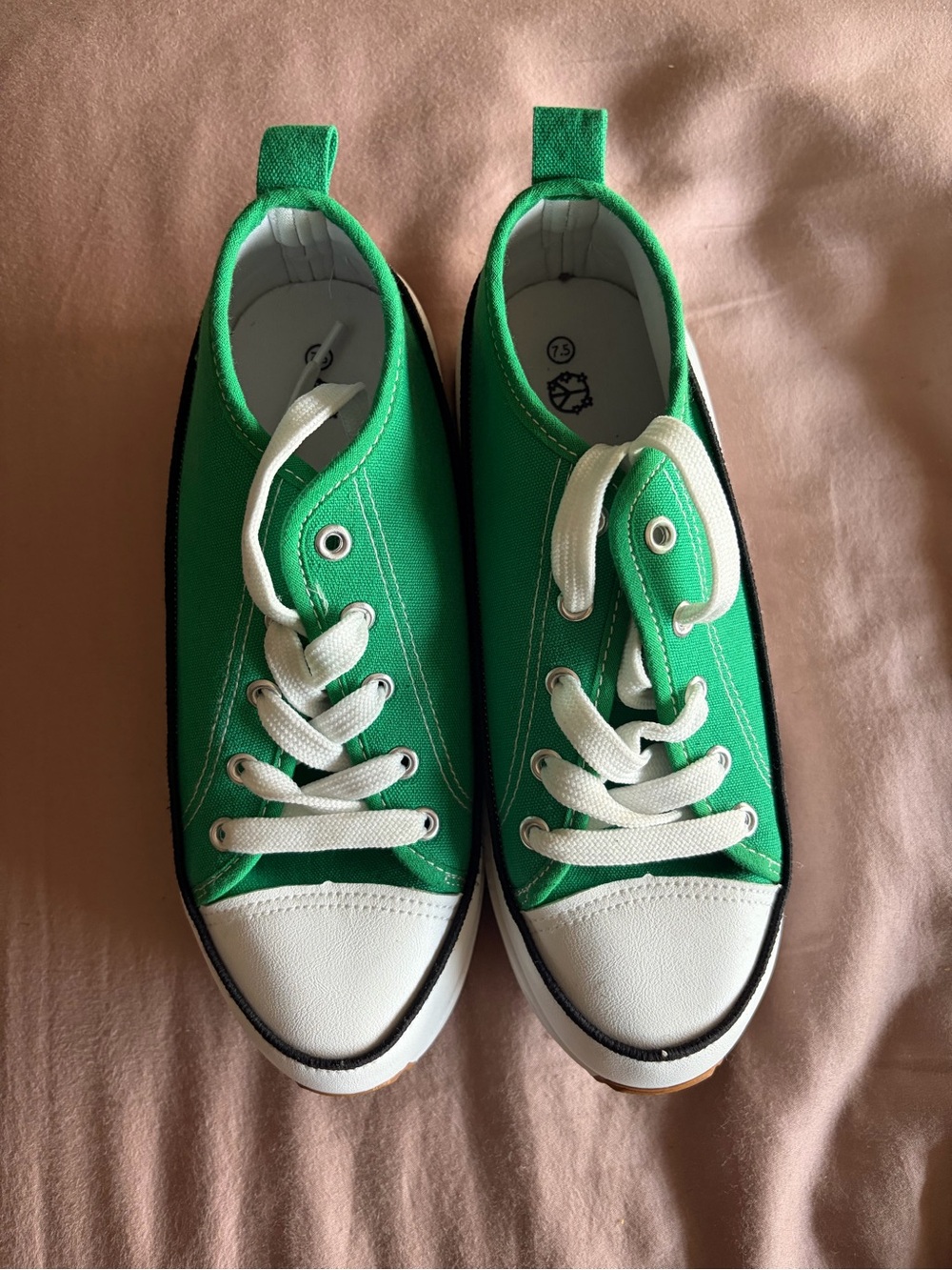 Green Canvas Platform Lace-Up Sneakers with White Accents